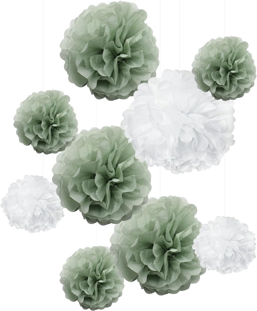 9PCS Dusty Sage Green White Large Tissue Paper Pom Poms Pastel Boho Flowers Wall Hanging Backdrop Centerpieces for Botanical Greenery Baby Shower Wedding Birthday Nursery Décor